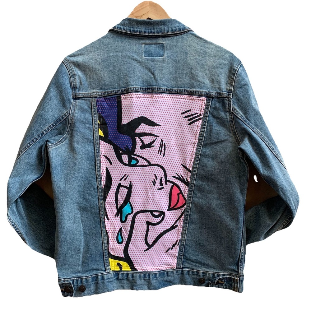 Pop‎ Culture Unisex 99% Cotton Denim Button Jean Jacket Medium Art Graphic SZ-M